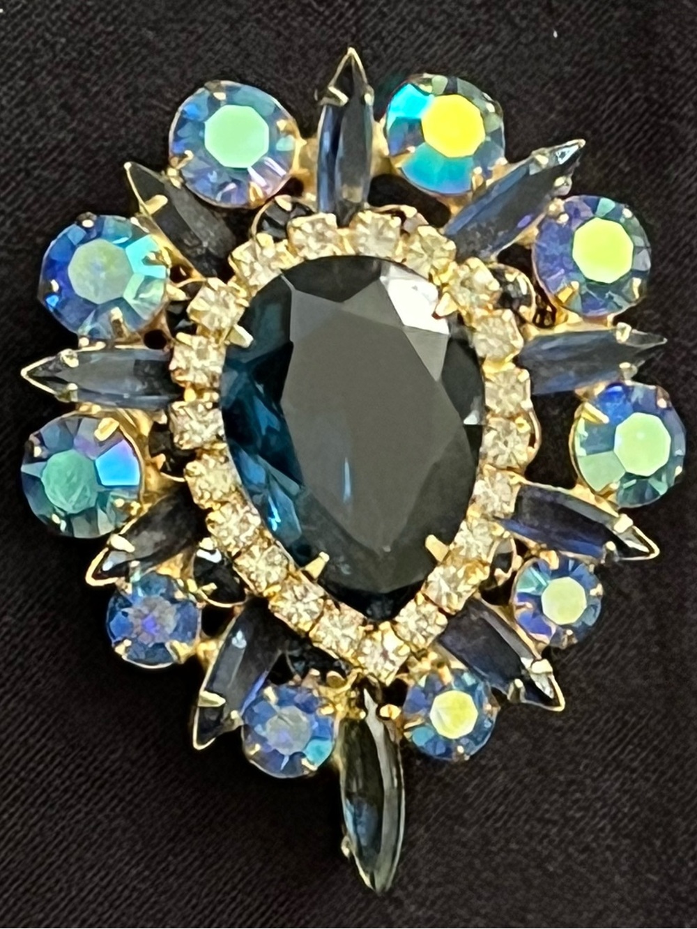 D&E Juliana Vintage Brooch/pendant -- Deep Jewel Blue + Clear Rhinestones, READ
